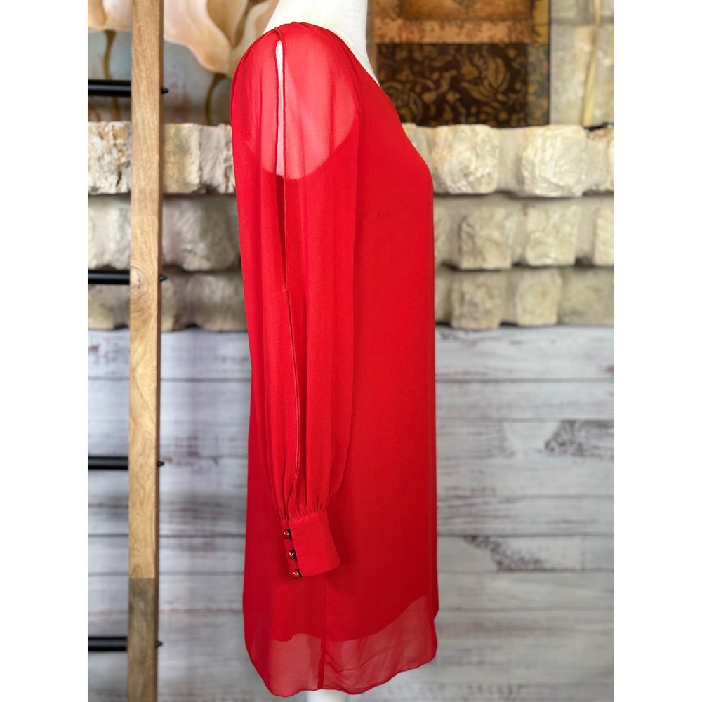 A Byer Red Open Slit Sheer Arm Long Sleeve Shift Mini Dress Womens XS - Picture 12 of 14